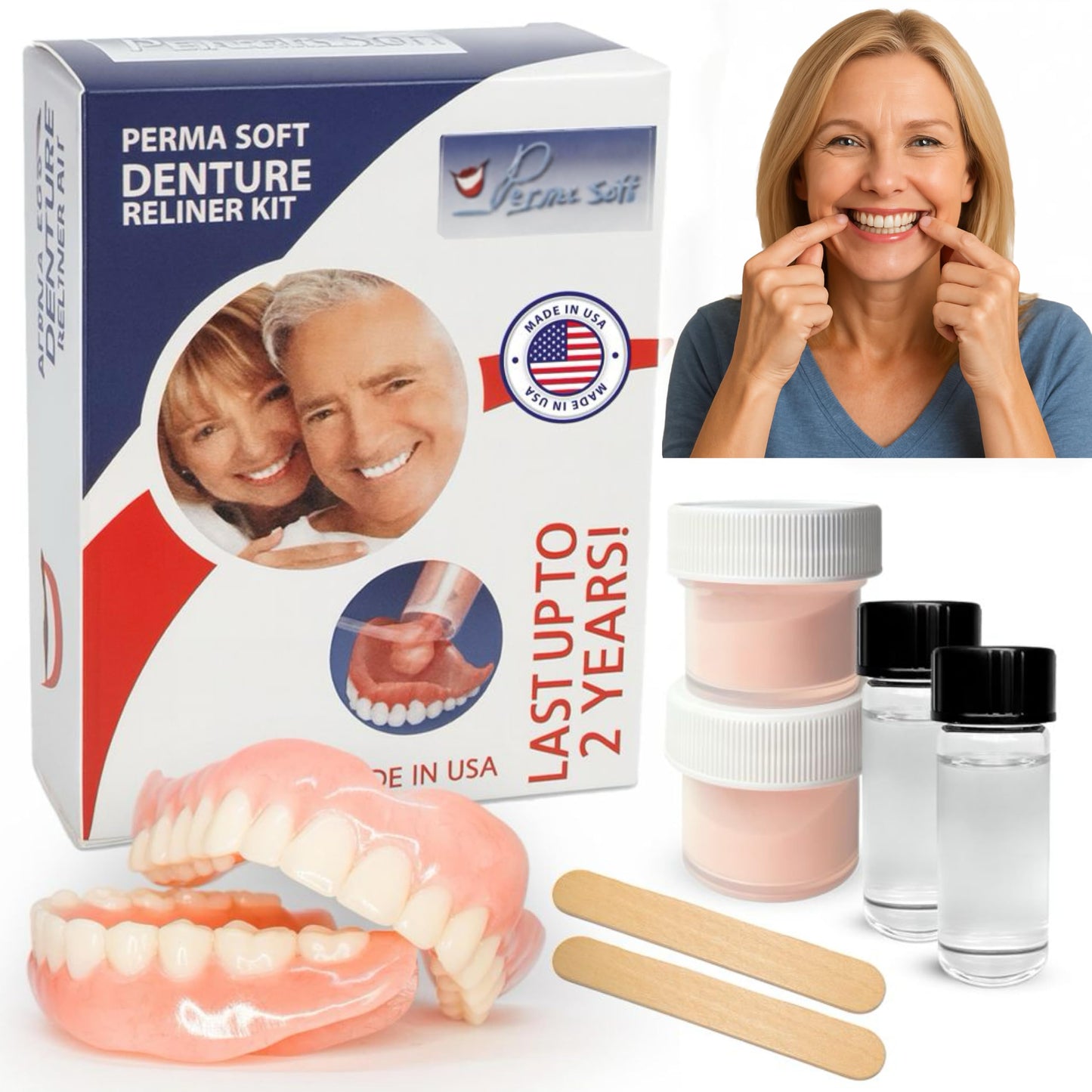 Perma Soft Denture Reliner Kit - Relines 2 Denture Plates - Semi Soft DIY Denture Liner for Upper and Lower