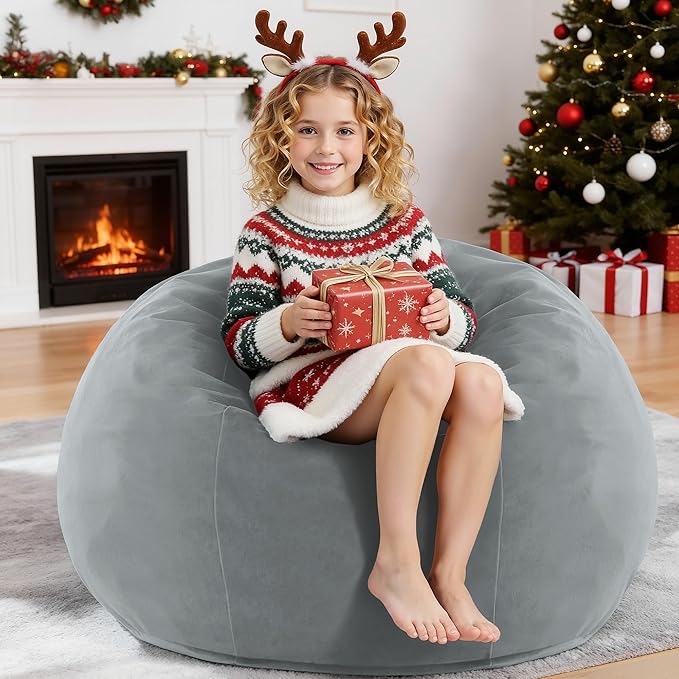 HABUTWAY 2FT Bean Bag Chair, 2' Beanbags Small Bean Bag Chairs with Filling, Teardrop Bean Bag Chair Luxurious Velvet Ultra Soft Fur with Removable Cover(Light Grey)