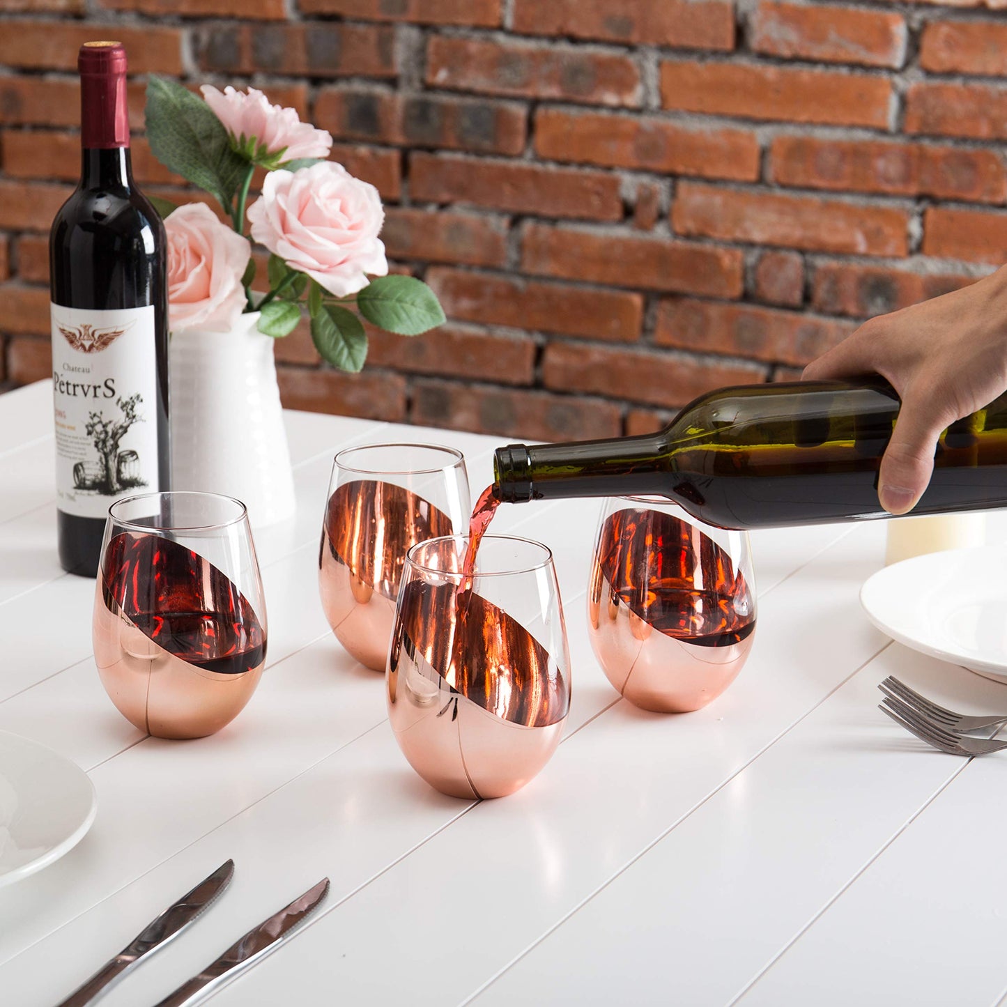 MyGift Stemless Wine Glasses Set of 4 - Copper Accent Modern Barware, Elegant Wedding & Celebration Cups with Luxe Metallic Finish, Dishwasher Safe