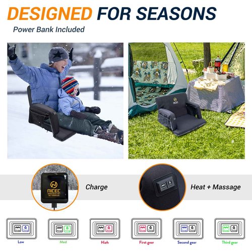 Nice C Heated Massage Stadium Seats with Battery, Bleacher Seats, Floor Chair, Reclining Waterproof Cushion, Foldable, Thick Padding, with Shoulder Straps & Side Pockets, Power Bank Included