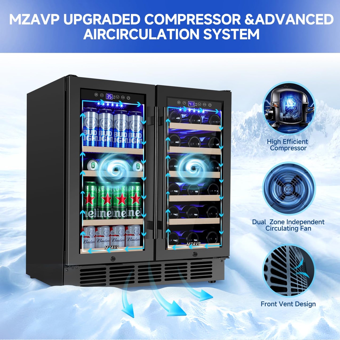 MZAVP 30 Inch Wine and Beverage Refrigerator, Dual Zone Wine Beverage Cooler, 30" Wine Cooler Under Counter or Freestanding Wine Beer Fridge with Upgraded Cooling, Holds 30 Bottles and 110 Cans, Black