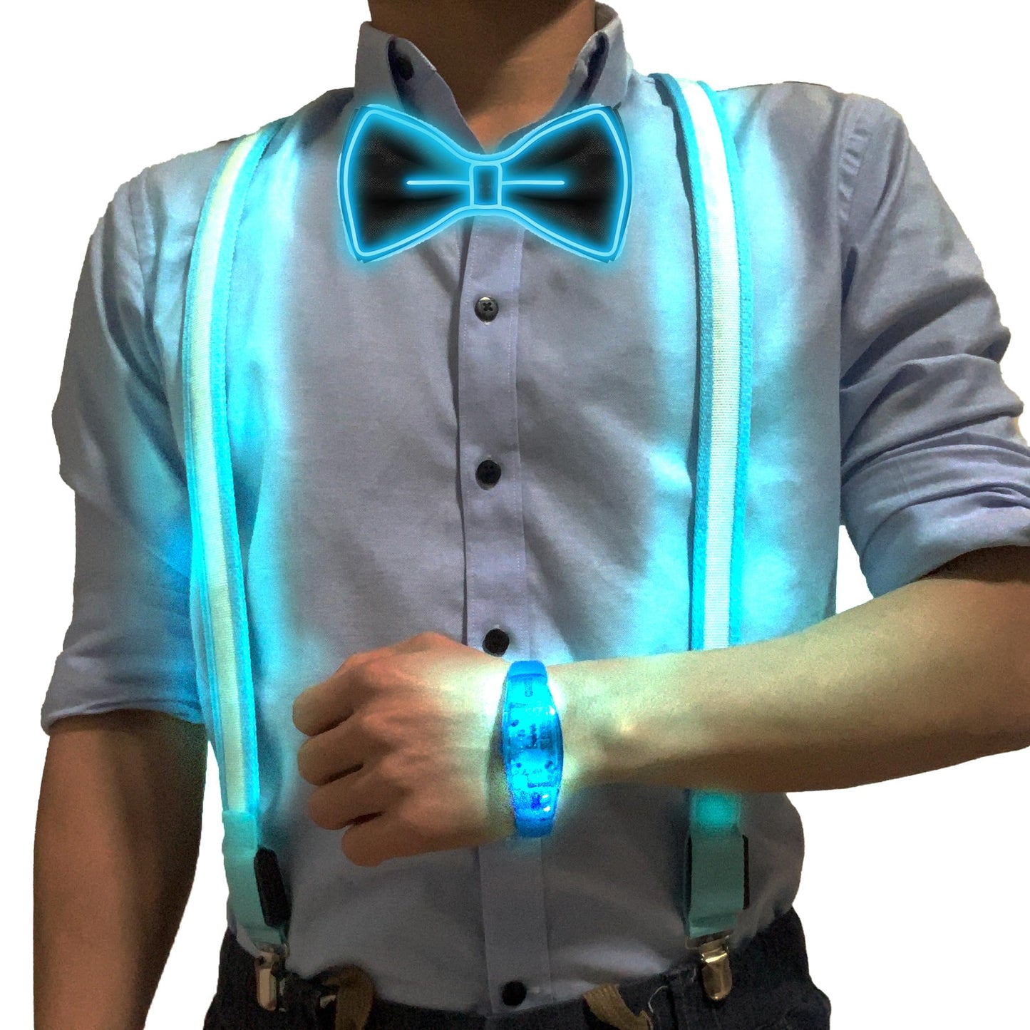 HELHUNLEE 3 Pcs/Combo, LED Light Up Suspenders With Music Rhythm Glow Bracelets And Bow Tie Combo, Adjustable Elastic Flashing Led Clothing for Men and Women3Y