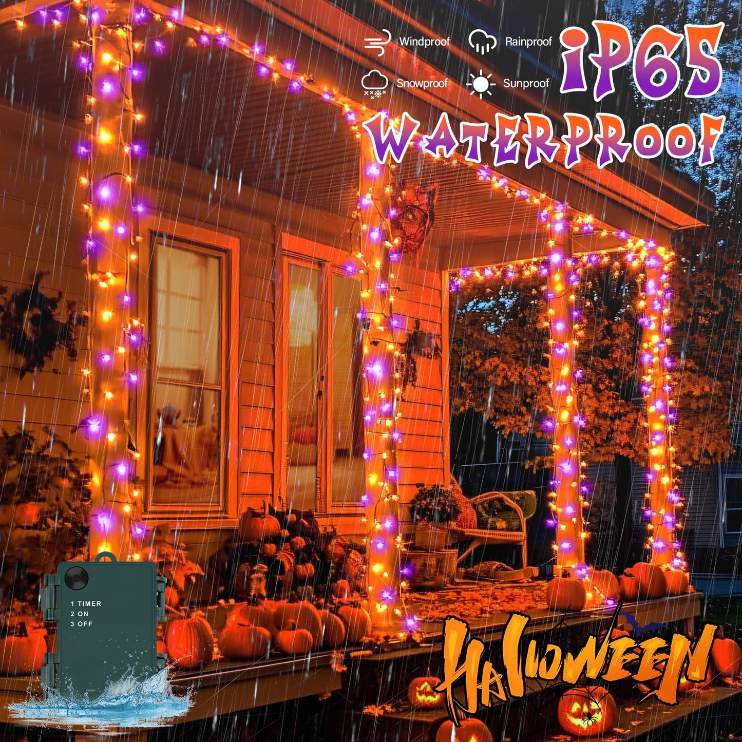 cshare Orange and Purple String Lights Battry Operated with Timer Waterproof, Halloween String Lights for Outside 16.4ft 50LED Indoor Outdoor Halloween Decorations Garland Party Patio Garden Yard