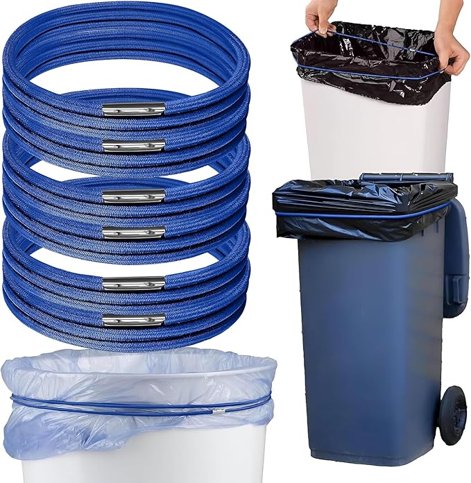 Trash Can Rubber Bands Set of 6 - Elastic Garbage Can Bands with Metal Connector, Fits 13 to 33 Gallon Trash Bags - Gripper Trash Can Bands for Waste Baskets, Blue