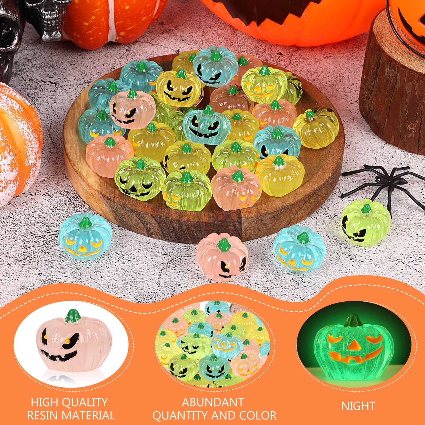 CCINEE 40Pcs Glow in The Dark Mini Pumpkins Halloween Luminous Miniature Pumpkins Halloween Mini Resin Decorations for Fall Halloween Party Gifts Home Cake Decoration