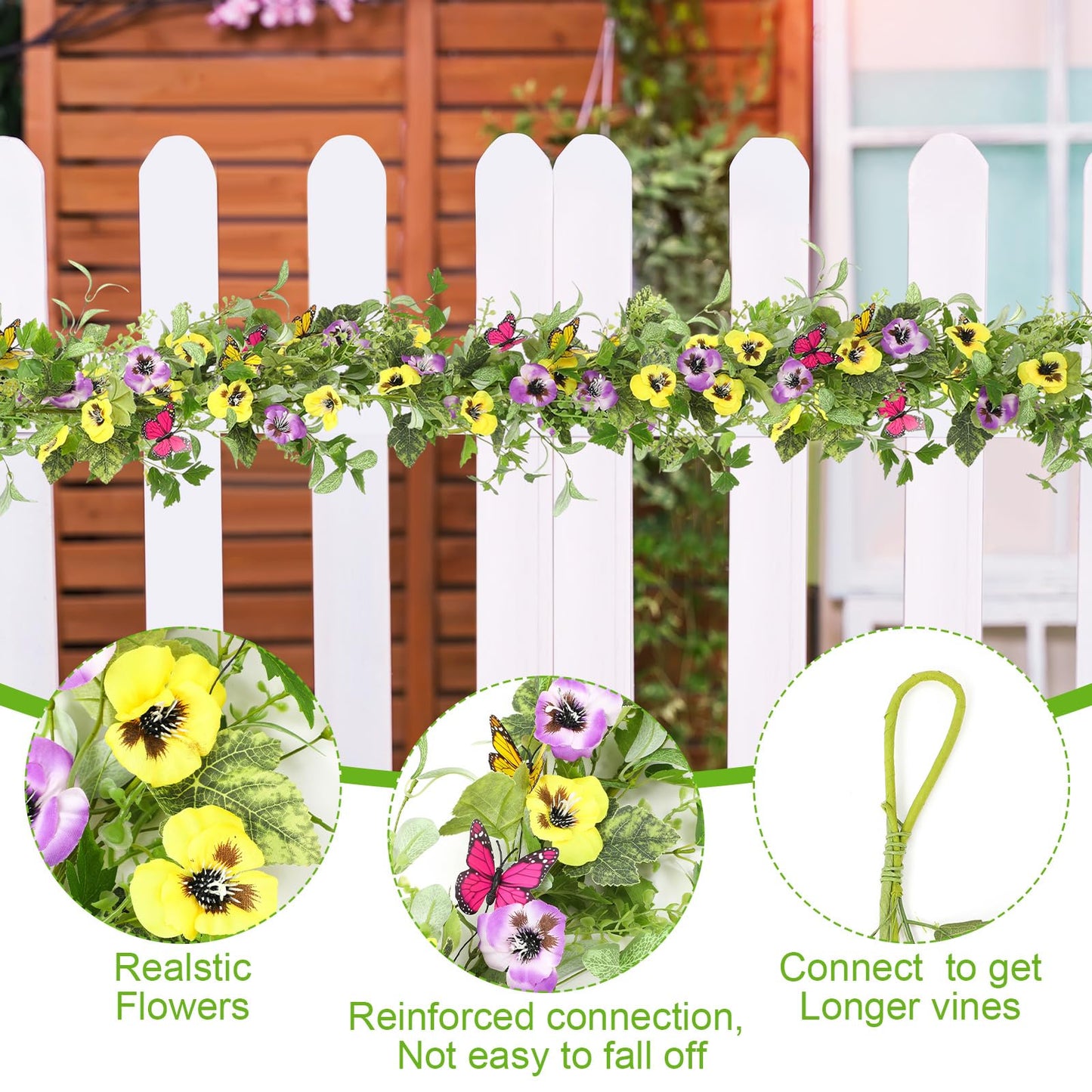 XunYee 2 Pcs 6 ft Artificial Summer Flower Garland for Mantle Pansy Flower Butterfly Eucalyptus and Ivy Leaves Wreath Garland for Farmhouse Home Stairs Fireplace Summer Indoor Decor