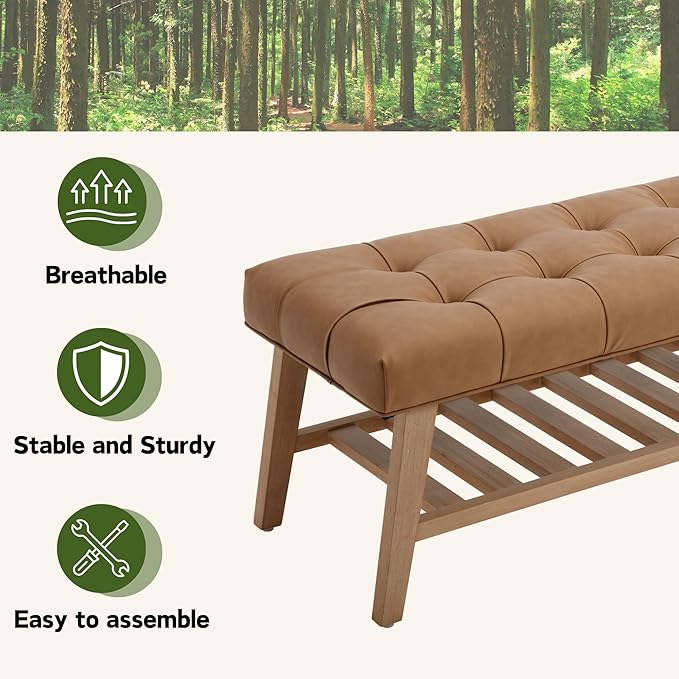 Janoray Entryway Shoe Bench Storage Benches with Upholstered Button Tufted Seat and Open Slatted Shelf PU Leather Ottoman Bench for Hallway Living Room Bedroom End of Bed, Brown