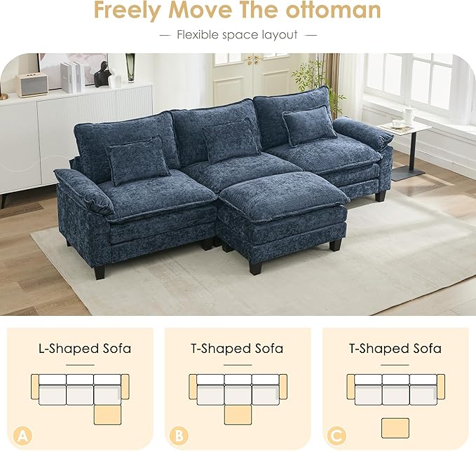 URRED Cloud Couch Modular Sectional Sofa, 122'' Modern L Shaped Deep Seat Sofa with Ottoman & Pillows, Ultra Comfy Chenille Couches for Living Room, Bedroom or Apartment, Blue