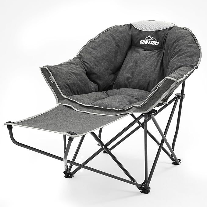 OUTDOOR LIVING SUNTIME Oversized Padded Comfy Camping Chair with Removable Footrest，Weight Capacity 400 LBS, Heavy Duty Moon Round Leisure Folding Chair for Camping, Hiking, Carry Bag, Gray