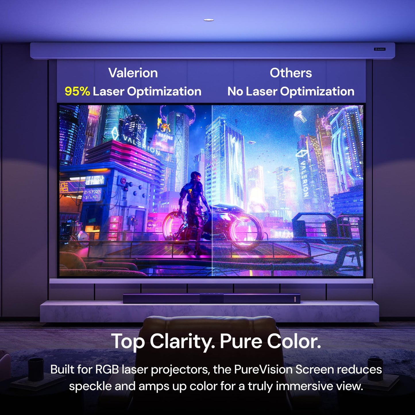 Valerion 100" PureVision Motorized Projector Screen, Laser Speckle Reduction, Auto-Sync with Projector, 4K/8K UHD Ready, 20" Adjustable Drop, Black Backing for Enhanced Contrast, Long Throw Only