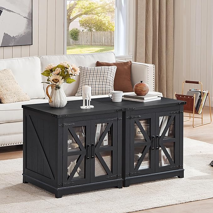 Joaxswe Farmhouse End Table with Charging Station, 24" Large Sofa Side Table with Glass Barn Door,Black Nightstand with Adjustable Storage Shelf,Wood Square Bedside Table for Living Room,Bedroom