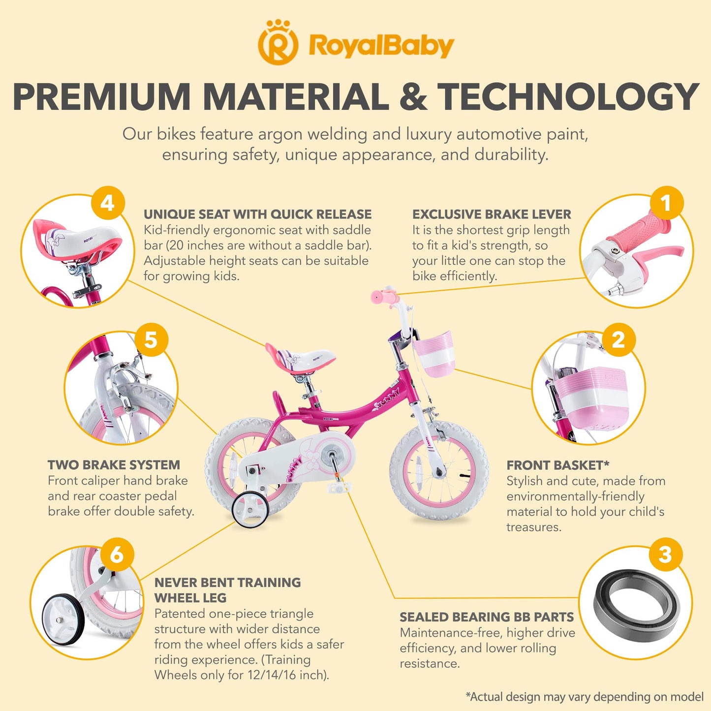 RoyalBaby Princess Girl Children's Bicycle Outdoor Ride-On Bike with Training Wheels, Adjustable Seat, and Basket, 12 Inch, Bunny/Fuchia