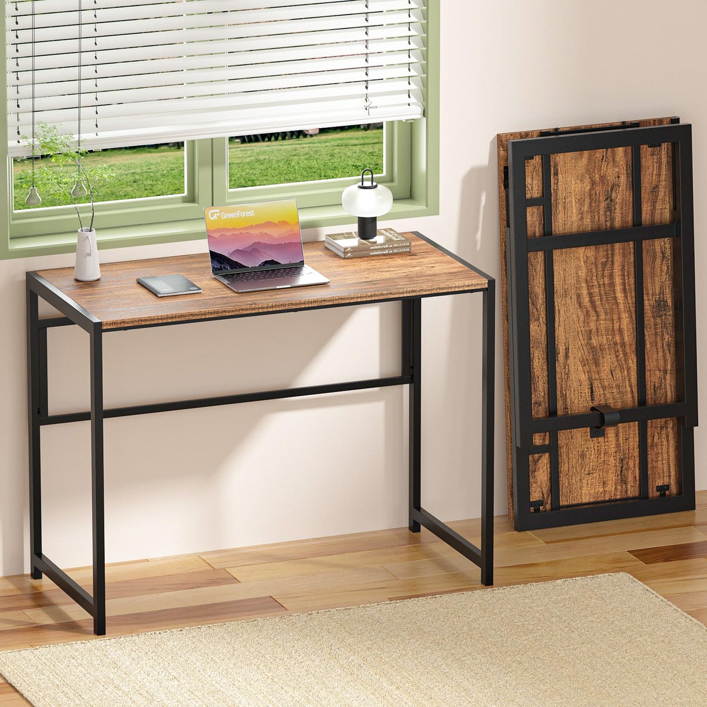GreenForest Folding Desk No-Assembly,31.5 in Small Desk for Small Spaces Computer Desk for Home Office,Space Saving Foldable Table Study Writing Desk,Walnut