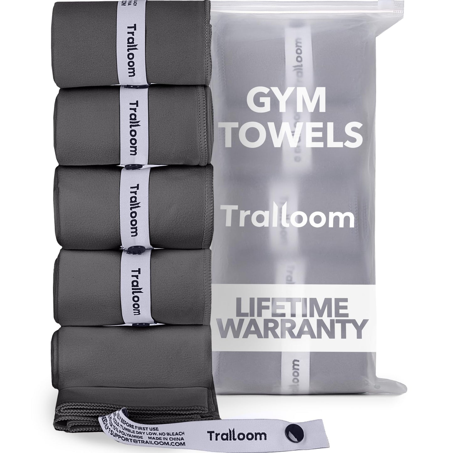 Trailoom Microfiber Workout Towels - Quick Dry, Highly Absorbing, Odor-Free, for Men & Women - Gym Sweat Sports Towel for Hot Yoga, Tennis, Running, Exercise, Working Out, Camping, Set of 5 Dark Gray