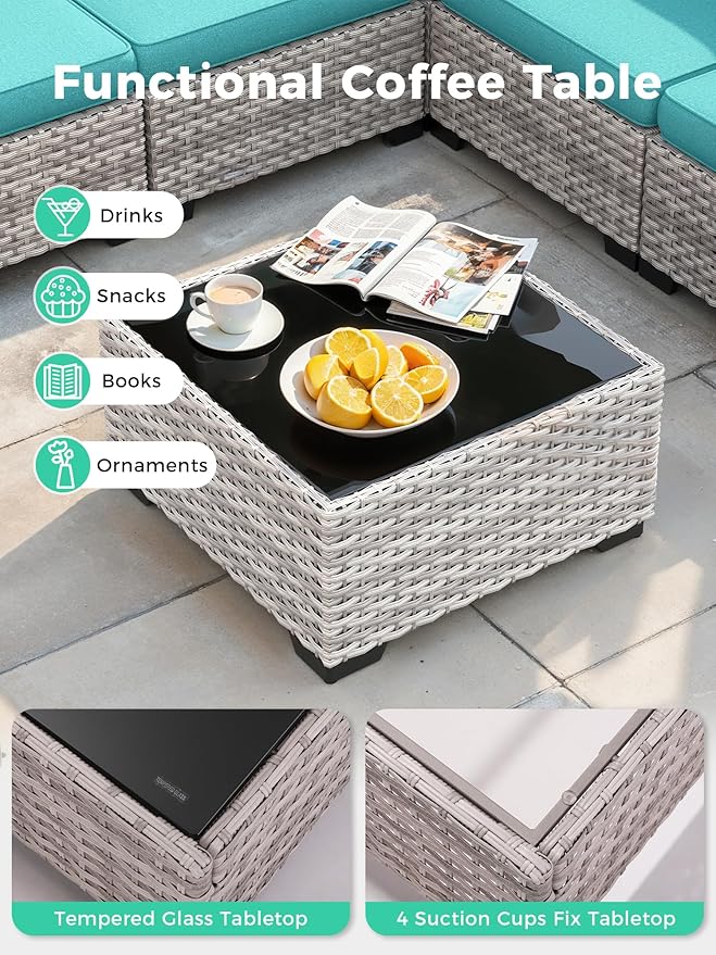 7 Piece Outdoor Wicker Rattan Sectional Sofa Set with Fire Pit Table, 5-Seats Conversation Set with 4" Thickened Cushions & Coffee Table, All-Weather PE Rattan for Garden, Backyard, Porch, Navy