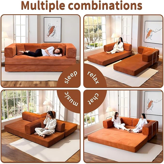 Kelyda 79 Inch Convertible Sofa Bed Couch in Box, 5 in 1 Folding Modular Boneless Couch with Pull Out Bed 2 Pillows, Soft Corduroy Floor Futon Lounge Loveseat Sleeper Lazy Cama No Assembly Orange