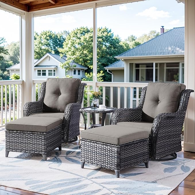 Belord 5 Pieces Patio Furniture Sets Wicker Outdoor Furniture, Rattan Patio Swivel Glider Chairs with 2 Ottoman and Glass Side Table