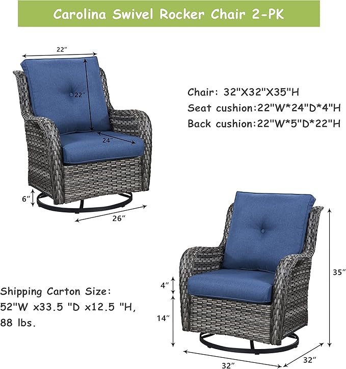 Rilyson Wicker Rocking Chair Swivel Chairs - 2 PC Rocker Patio Chairs Set Rattan Rocking Chair for Outdoor Porch Deck Garden Backyard (Mixed Grey/Blue)