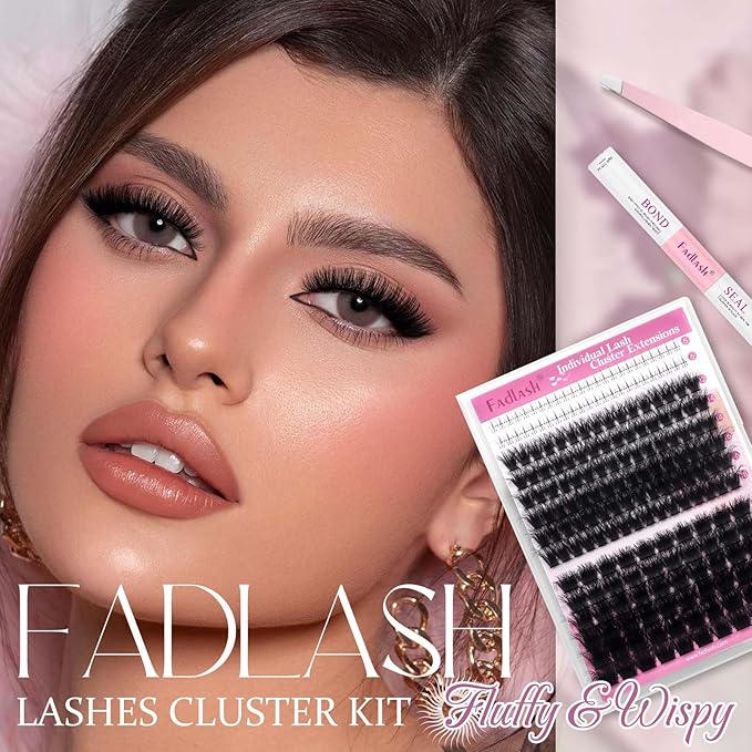 FADLASH Eyelash Extension Kit 100D+200D Lash Clusters with Bottom Lashes DIY Lash Extension Kit Cluster Lashes with Lash Bond and Seal Lash Tweezers Individual Lashes (KIT, 100D+200D-3D-12-18mm)