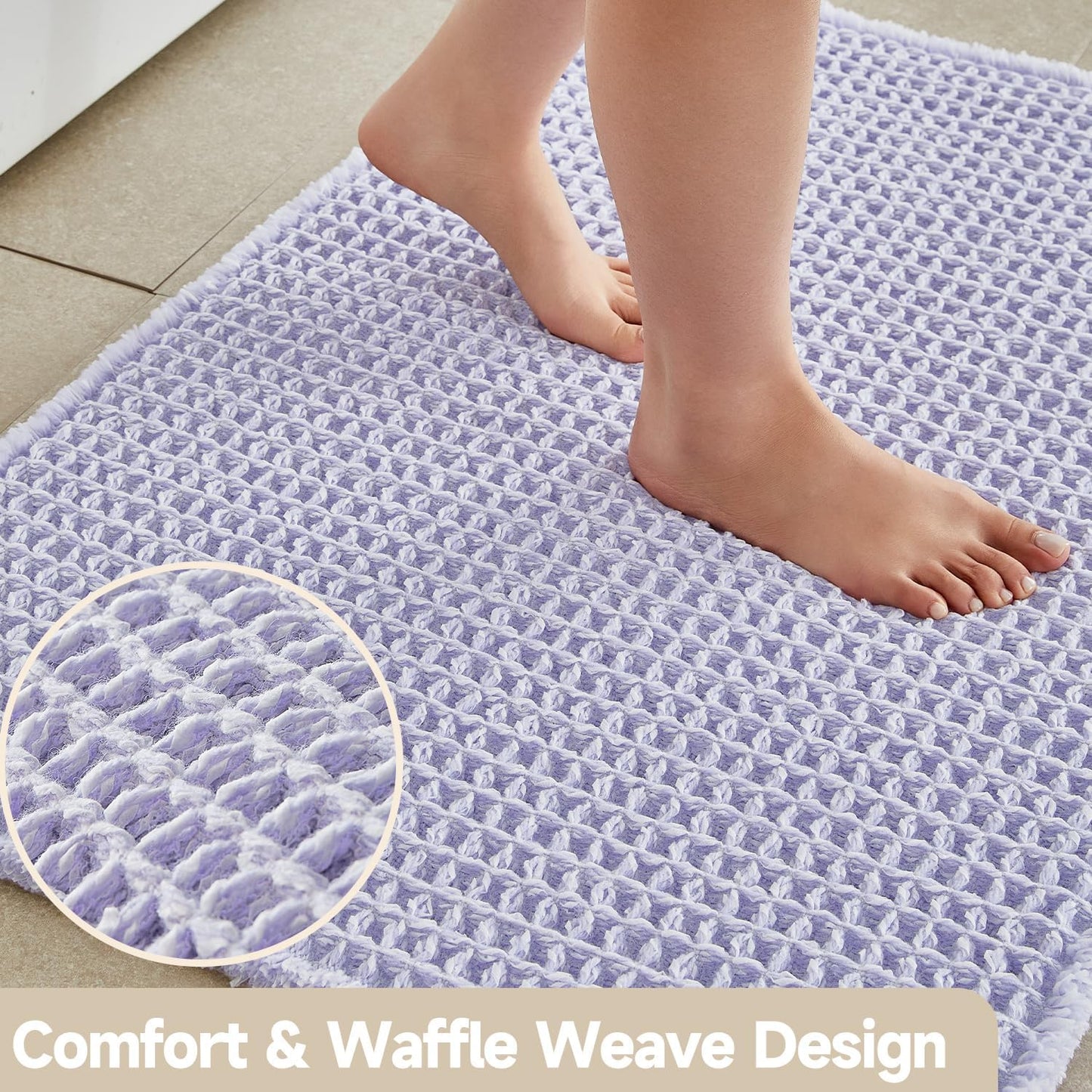 Waffle Runner Rug Bathroom, Boho Bathroom Rugs Non Slip Washable Long Super Absorbent Quick Dry Cute Bath Mat Farmhouse Bath Mat, 72''x24'' Lavender Cream
