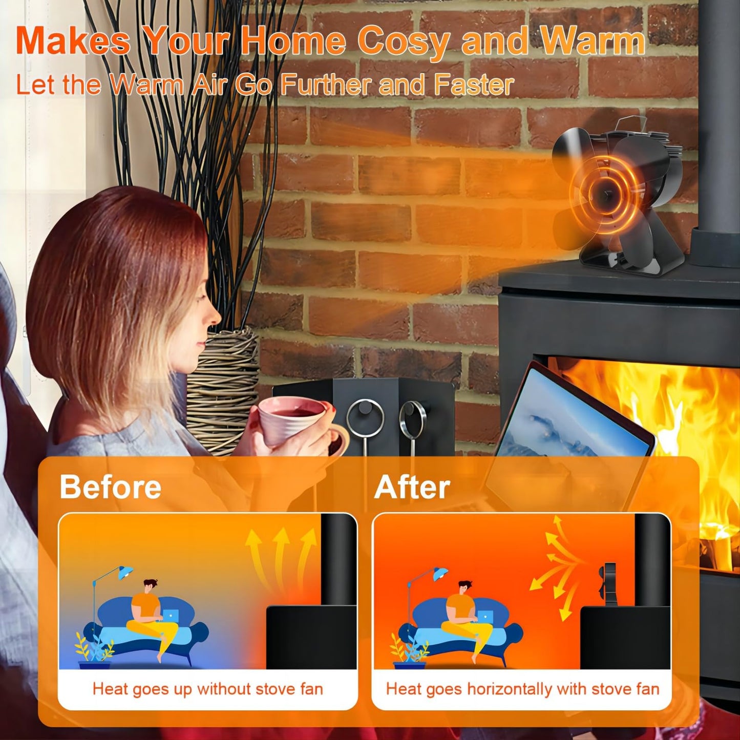 VODA 4-Blade Heat Powered Stove Fan for Wood/Log Burner/Fireplace increases 80% more warm air than 2 blade fan