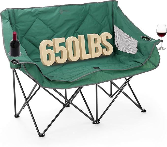 ARROWHEAD OUTDOOR Portable Folding Double Duo Camping Chair Loveseat w/ 2 Cup & Wine Glass Holder, Carrying Bag, Supports ...