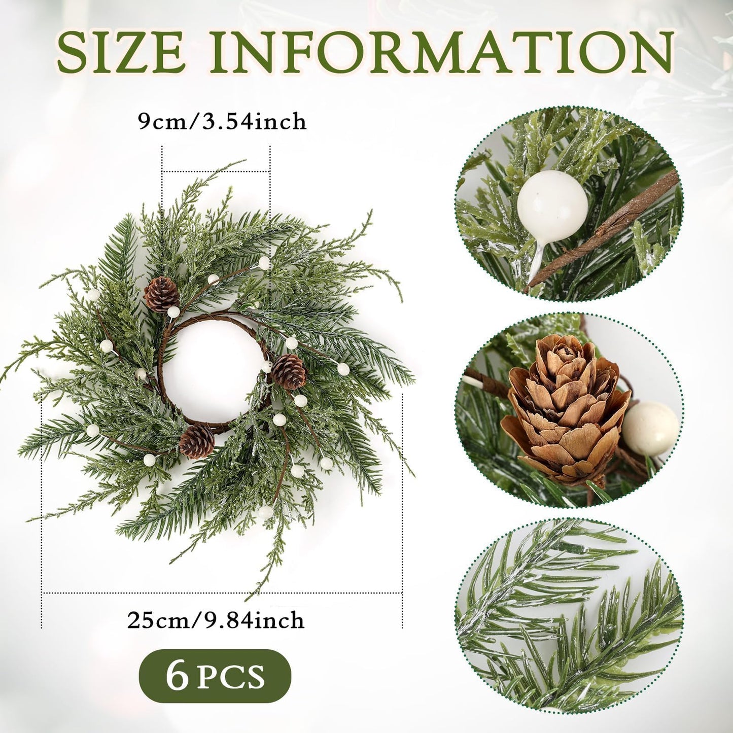 6 PCS Christmas Wreath Candle Rings Mini Wreath Pine Garland Artificial Frosted Cedar and Pine Cone Candle Rings Holder for Christmas Wedding Home Table Centerpiece Door Window Chair Wall