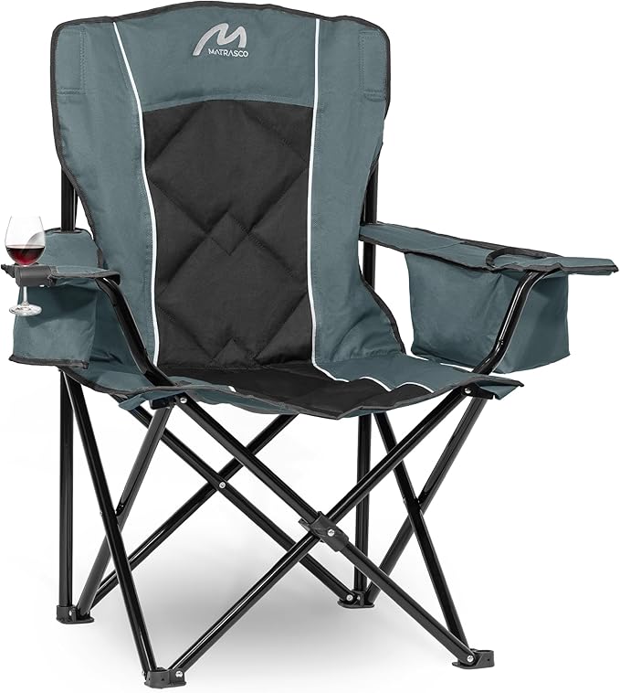 Matrasco Oversized Padded Camping Chair, Heavy-Duty Steel Frame for 450 lbs Supports, Convenient 6-Can Cooler, Portable Carry Bag, Perfect for Outdoor, Beach, and Hiking (Gray & Black)