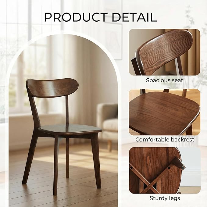 Grewood Oak Wood Dining Chairs,Mid Century Modern Dining Chairs with Comfortable Curved Backrest,Wood Chairs for Kitchen,Dining Room (1, Walnut Color)
