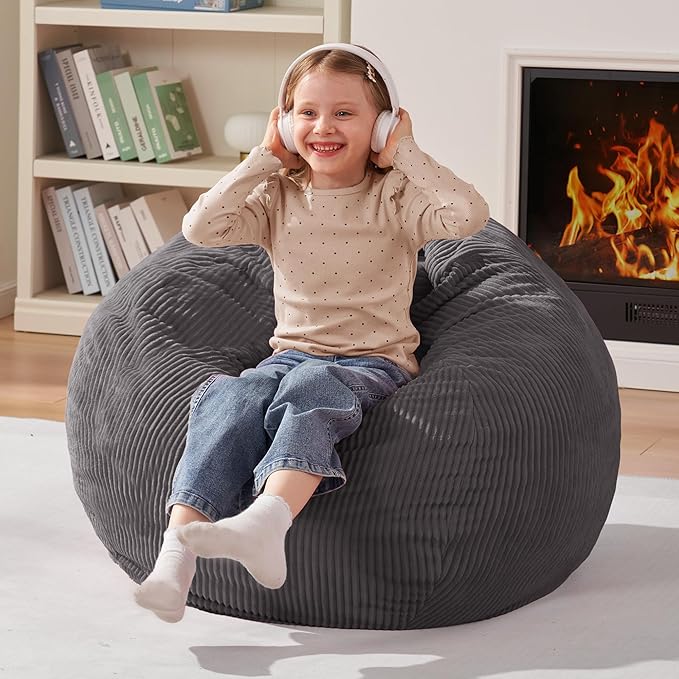 Homguava 2FT Bean Bag Chair,Teardrop Bean Bags Small Beanbag Chair with Memory Foam Filled and Ultra Soft Corduroy Cover for Living Room, Bedroom (Grey)