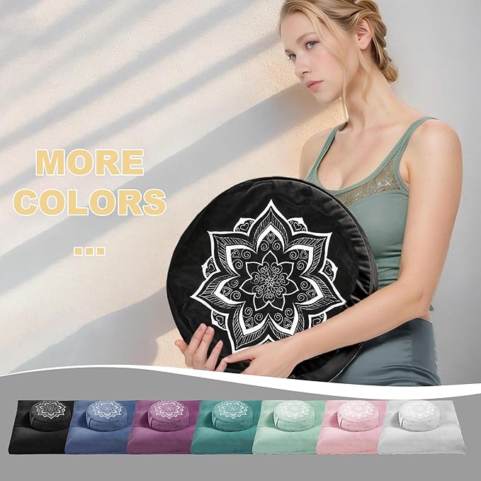 Meditation Zafu Cushion Set with Buckwheat Hulls & Memory Foam - Ergonomic Support for Yoga & Sitting - Removable Machine-Washable Luxury Velvet Cover - for Adults and Kids (Black（COVER ONLY))