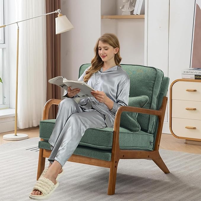 SEYNAR Mid-Century Accent Chair, Linen Fabric Lounge Chair with Wide Armrest,13-16.5'' Low Seat Height Armchair with Lumbar Pillow & Solid Wood Frame for Living Room, Bedroom, Balcony(Green)