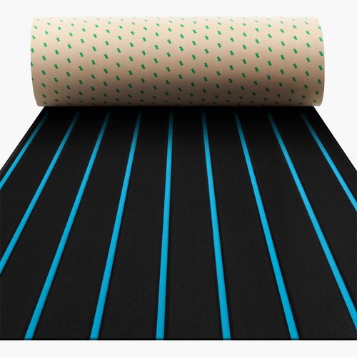 BOSSDECK Boat Flooring - EVA Foam Boat Decking - Self-Adhesive Boat Mat Faux Teak Marine Carpet for Boats RV Yacht Kayak 86.6"x21.7", Black with Blue Lines