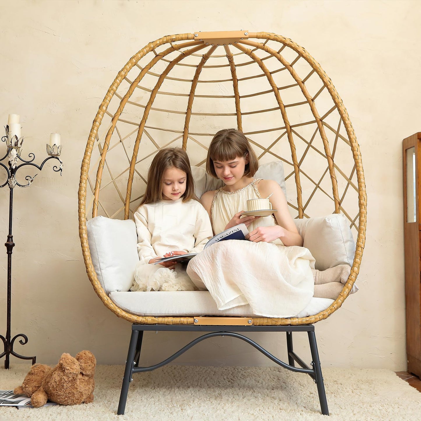 SWITTE Wicker Egg Chair Outdoor Indoor, Oversized Rattan Patio Lounge Chairs with Cushion for Backyard, Living Room, Steel Frame, 480lb Capacity-Cream