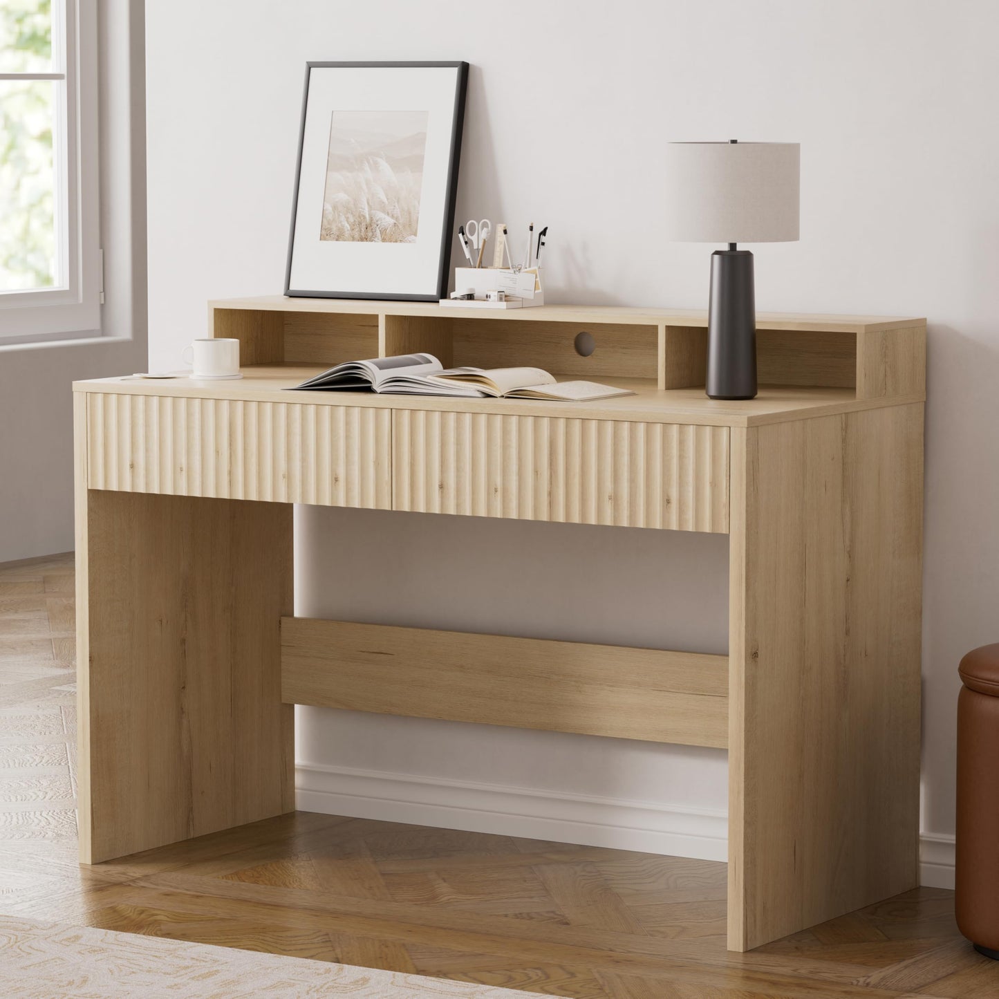 MoomJiee 47" Executive Desk with Fluted Drawer, Modern Wood Home Office Desk with Long Monitor Stand and 2 Drawers, Computer Writing Desk for Study Office Vanity, Light Oak