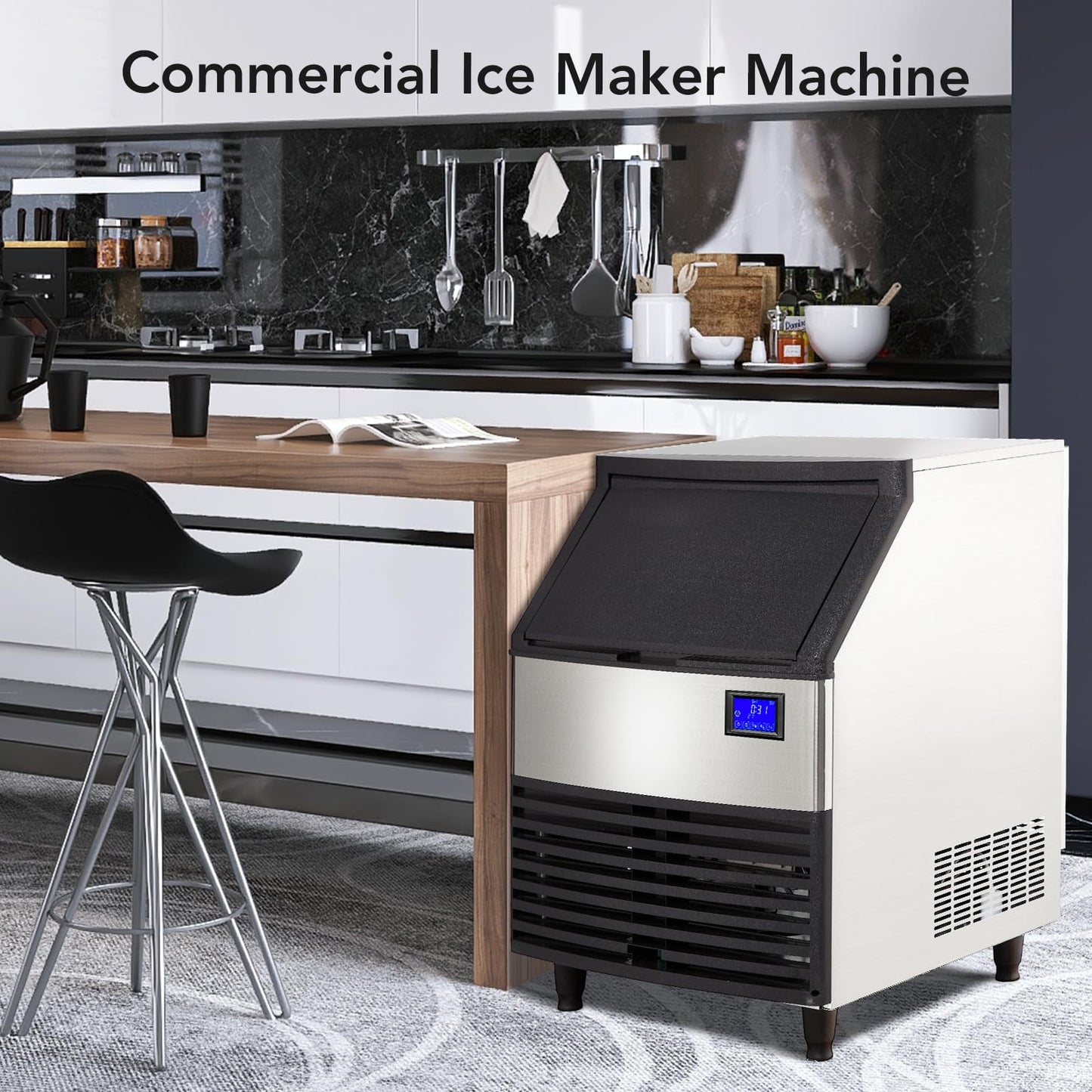 Garvee Commercial Ice Maker Machine, 176 LBS/24H Stainless Steel Under Counter Ice Machine with 99 LBS Ice Storage Capacity, LCD Screen Display, Freestanding Commercial Ice Maker