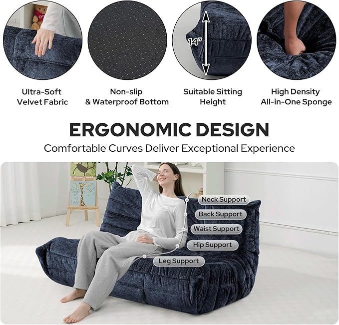 HABUTWAY Bean Bag Chair, Giant Bean Bag Chairs for Adults, Loveseat Fireside Chair, 2 Seater Lazy Bean Bag Sofa Memory Foam Couch for Living Room, Bedroom, Office (Navy Blue)