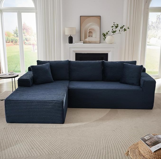 Vanress Cloud Couch Sectional, Corduroy Boneless Couch with L-Shape Chaise, Modern Modular Sectional Sofa Comfy Deep Seat for Living Room, Bedroom, No Assembly (Blue, Left Facing Chaise)