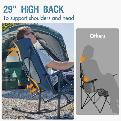 PORTAL Oversized Folding Rocking Camping Chair Portable Outdoor Rocker with High Back Hard Armrests Carry Bag, Supports 400 lbs, Mesh Back, Blue