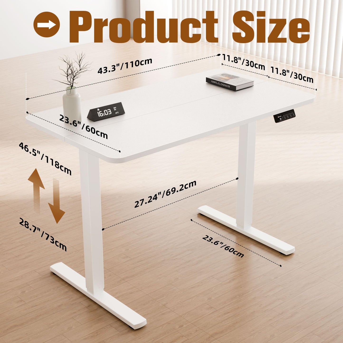 ERGOMAKER 43" Electric Standing Desk, Adjustable Height, Sit Stand Up Desk for Home Office & Computer Workstations, Memory Controller, White