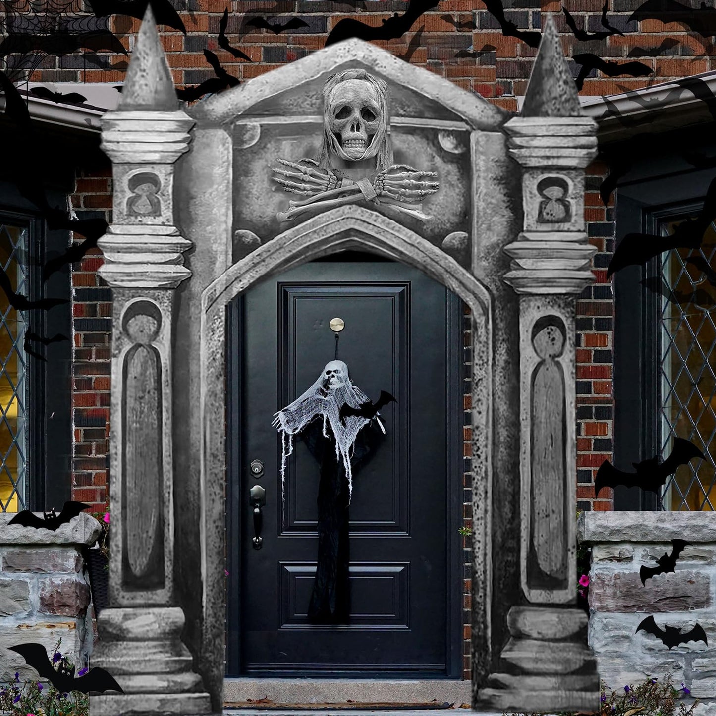 Fanfanwin 3 Pcs Halloween Archway Cemetery Graveyard Decorations Haunted Gothic Mansion Door Cover 3D Halloween Banners Decor Skull with Tombstone Sign Spooky Pillar Sign for Outdoor Party Supplies
