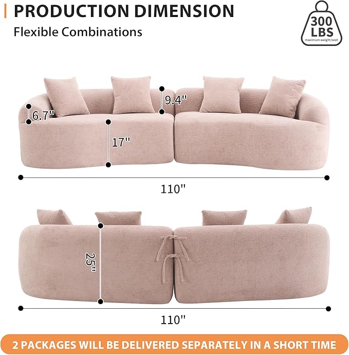 110" Oversized Modern Curved Cloud Sectional Sofa, Luxury Plush Chenille 4-Seater Deep Wide Seat Couch with 4 Pillows, No Assembly Needed Apartment Living Room Furniture, Apricot Cream