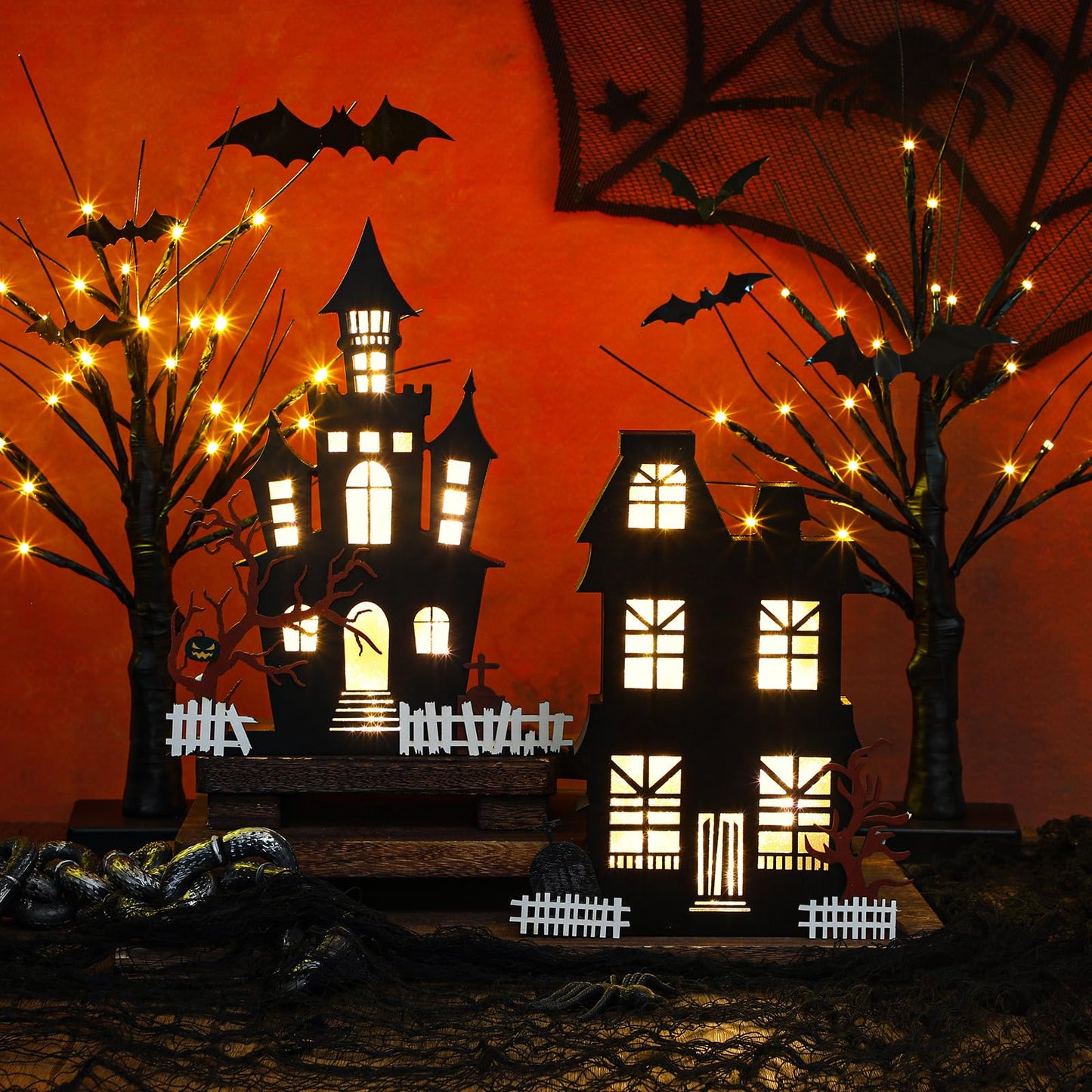 Cinnvoice 4 Pcs Halloween Table Decorations Indoor - 2 Lighted Wooden Haunted House Decor, 2 LED Birches Tree Decor - Battery Operated for Home Kitchen Ornaments