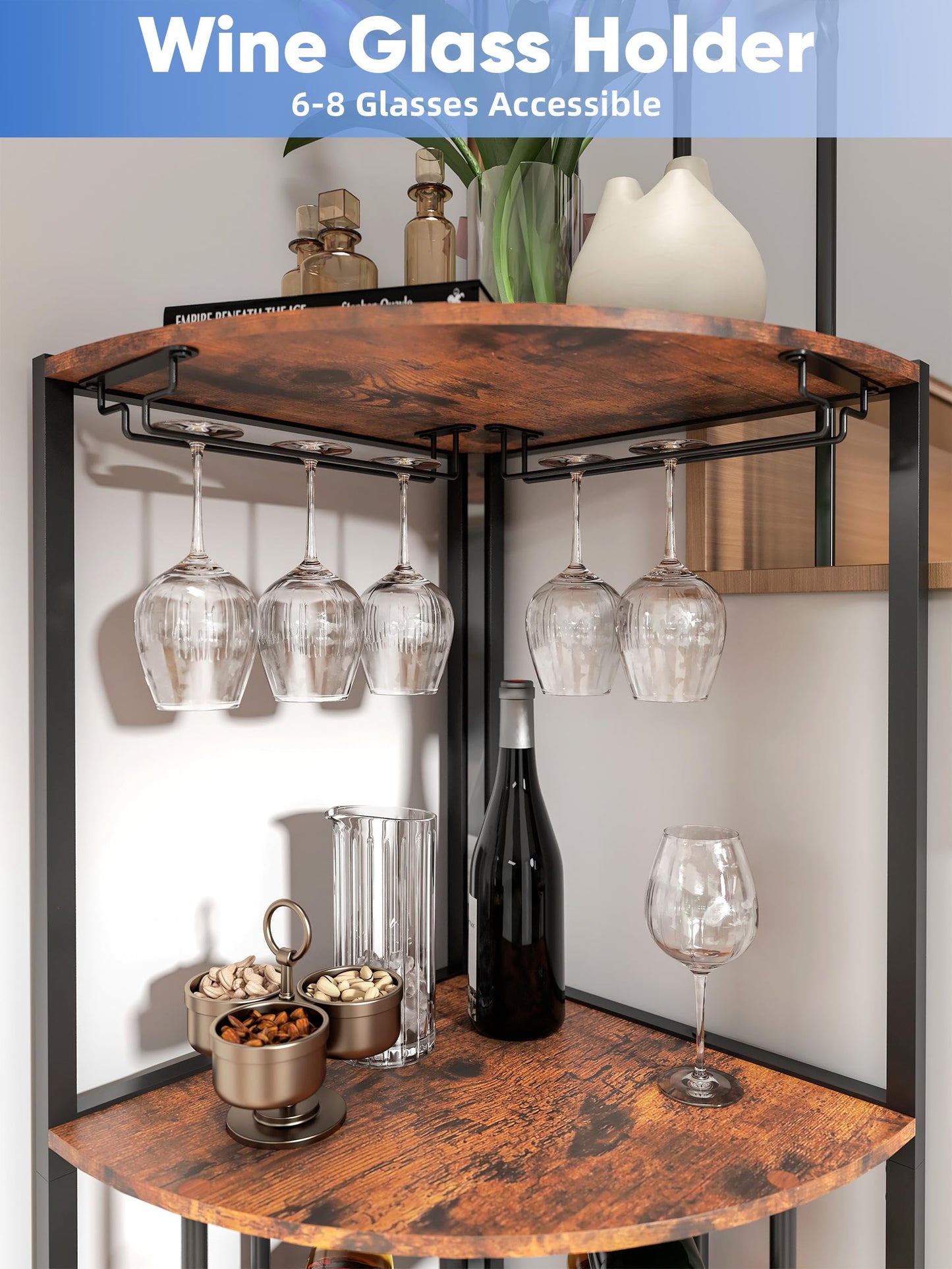 Qriocioa Corner Wine Rack with Led Strip Light Freestanding Floor with Wine Glass Holder 30 Bottle Wine Holder Rack Industrial Corner Liquor Cabinet Bar for Home Bar Kitchen Living Room (Rustic Brown)