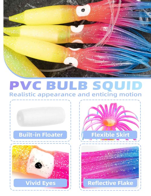 BLUEWING 18" Upgraded Fishing Spreader Bar Port Walker Offshore Trolling Spreader Bar with 6" Bulb Squids and 316 Stainless Steel Rod for Wahoo Tuna Marlin Mahi Mahi, Rainbow