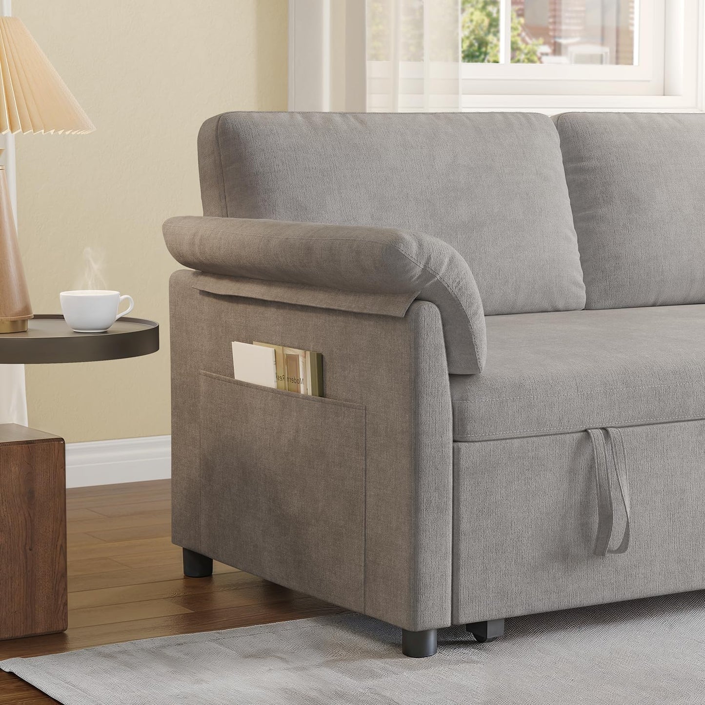 ONBRILL 3 in 1 Pull Out Couch, 59 Inch Convertible Sleeper Sofa Bed,Chenille Sofa Bed w/Adjustable Backrest, Side Pockets, Small Couches for Living Room, Bedroom, Grey