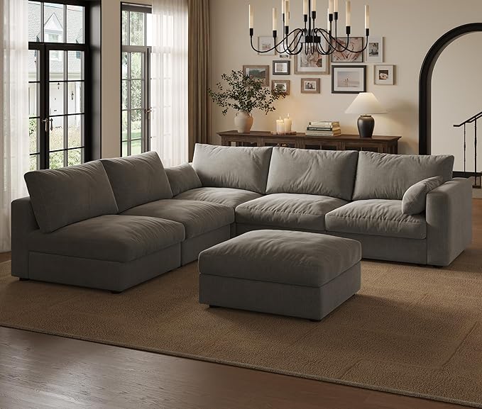 Cloud Modular Sectional Sofa Couch with Storage Ottoman, 99" Oversized Sectional Couches for Living Room, Cloud Modular L-Shaped Sofa with Chaise, 6 Seater, Chenille, Light Gray