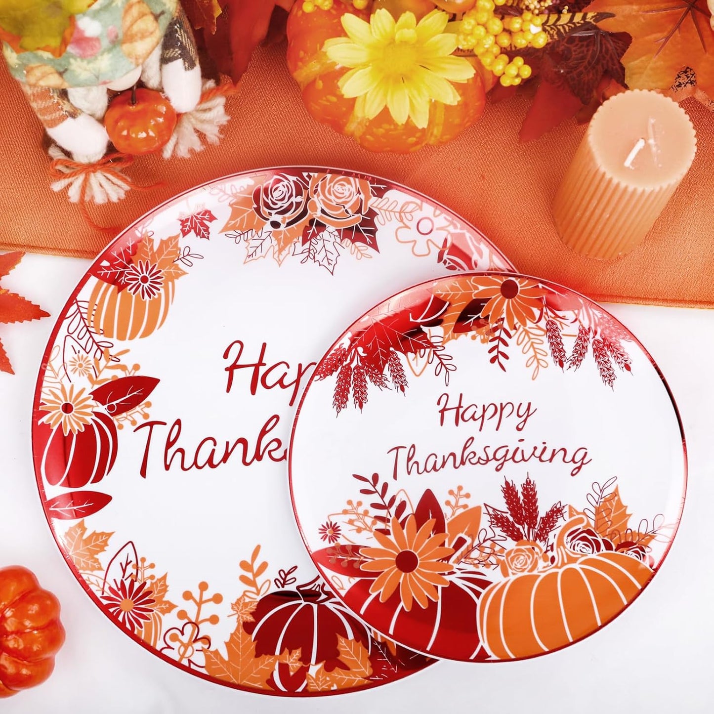Rubtlamp 60PCS Thanksgiving Plastic Plates, White Orange Pumpkin Plates, Red Disposable Plates with Maple Leaves, Fall Disposable Plates Include 30 Dinner Plates, 30 Salad Plates For Thanksgiving