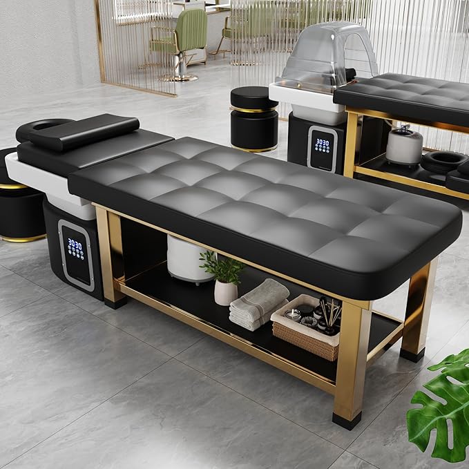Hair Washing Head Spa Stationary Massage Table with Water Cycle & Fumigation Salon Equipment for Beauty Head Spa Physical Therapy Massage, Stainless Steel Gold Color-Plated Frame, PU Leather - Black