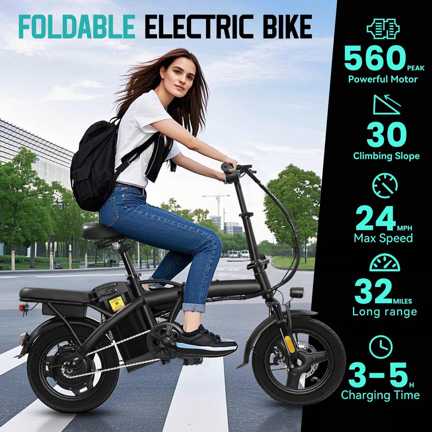 Folding Electric Bike for Adults and Teens, 560W Motor 24MPH Compact Commuter Ebike, 32 Miles Range, 48V 10Ah Battery, 3-Level Pedal Assist, 14" Mini Foldable Electric Bicycle, UL 2849 Certified